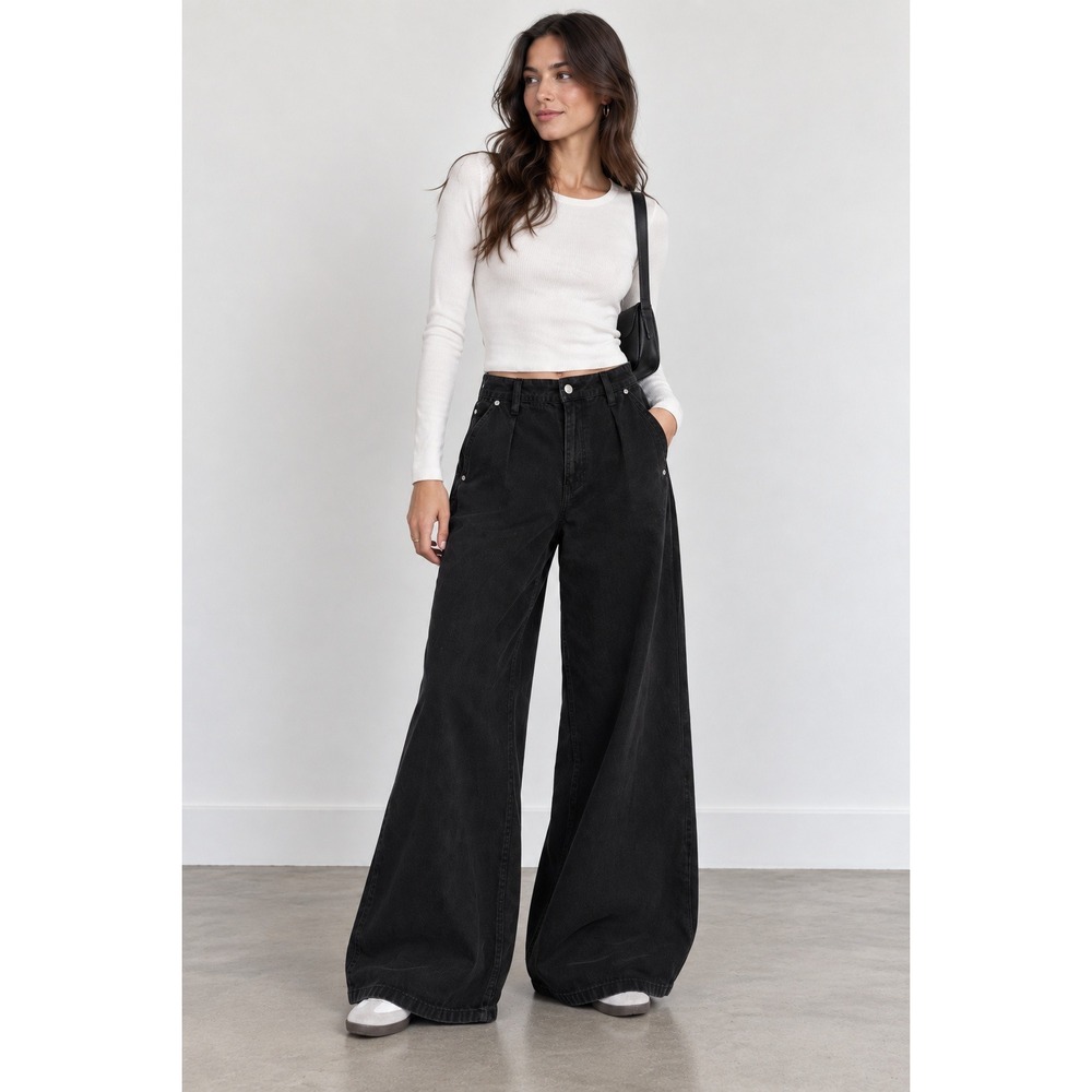 New Free People We The Free Street Light Wide Leg Jeans Black 33 OB2093732